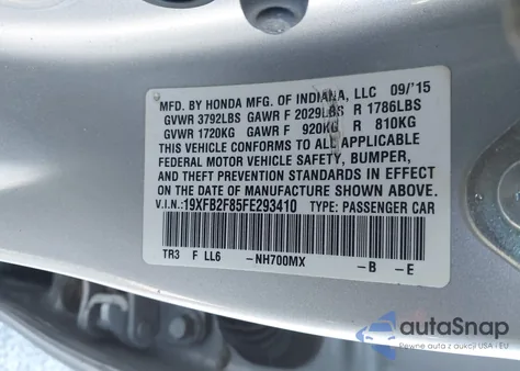 2015 Honda Civic Ex из США, поврежденный, VIN 19XFB2F85FE293410